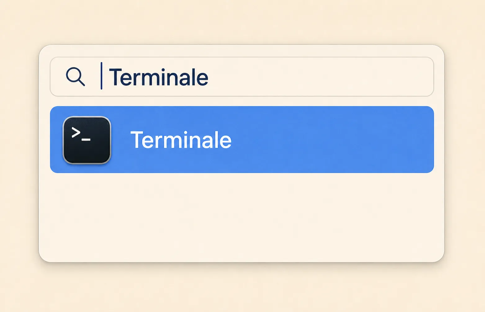 La ricerca Spotlight su macOS aperta con scritto “Terminale” e il primo risultato evidenziato. Immagine piccola, di servizio: serve solo a togliere l’ultimo dubbio a chi non l’ha mai aperto.