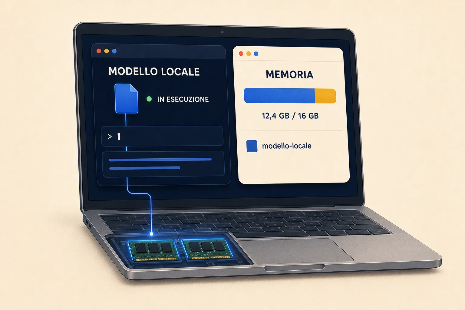 Un modello aperto in esecuzione su un portatile, con accanto il monitor di sistema che mostra il consumo di memoria. Serve a far vedere una cosa sola: sta girando lì dentro, non da qualche parte in rete.
