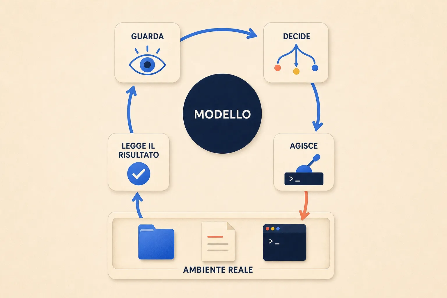 Il giro, disegnato come un anello: al centro il modello, intorno le quattro fasi (guarda, decide, agisce, legge il risultato) e sotto, in basso, l’ambiente vero (una cartella, un file, una finestra di terminale) da cui parte la freccia di ritorno. Deve leggersi come un ciclo che si chiude, non come una sequenza che finisce.