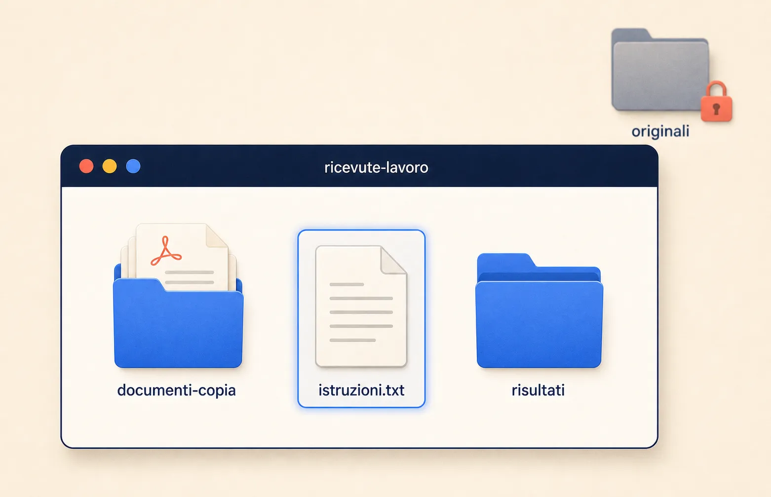 Il campo preparato, nello stesso stile della figura 1.2: una finestra aperta sulla cartella di lavoro, con dentro tre cose e nient’altro, cioè la sottocartella con la copia dei documenti, il file istruzioni.txt in evidenza e la cartella vuota dove finiranno i risultati. Sullo sfondo, appena visibile, la cartella degli originali che resta fuori dal recinto.